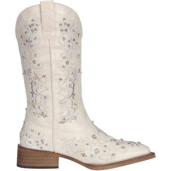 Women's Cowboy Boots Square Toe Rhinestone Mid Calf Boot Cowgirl Shoes White - Picture 5 of 7